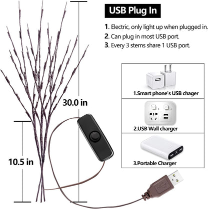 3Pack 30"Twig Lights, USB Plug in Branches Lights, 60 Led Bulbs, Warm White