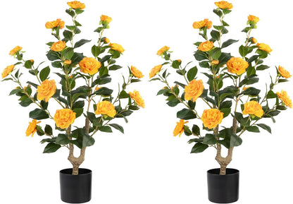 Artificial Camellia Tree 2 Pack - Realistic Camellia Plants in Pot with White Flowers, Lifelike Faux Greenery for Living Room, Patio, or Wedding, White