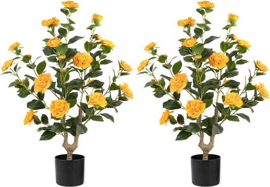 Artificial Camellia Tree 2 Pack - Realistic Camellia Plants in Pot with White Flowers, Lifelike Faux Greenery for Living Room, Patio, or Wedding, White