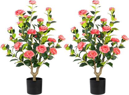 Artificial Camellia Tree 2 Pack - Realistic Camellia Plants in Pot with White Flowers, Lifelike Faux Greenery for Living Room, Patio, or Wedding, White