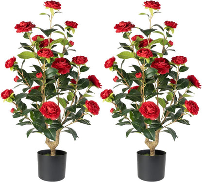 Artificial Camellia Tree 2 Pack - Realistic Camellia Plants in Pot with White Flowers, Lifelike Faux Greenery for Living Room, Patio, or Wedding, White