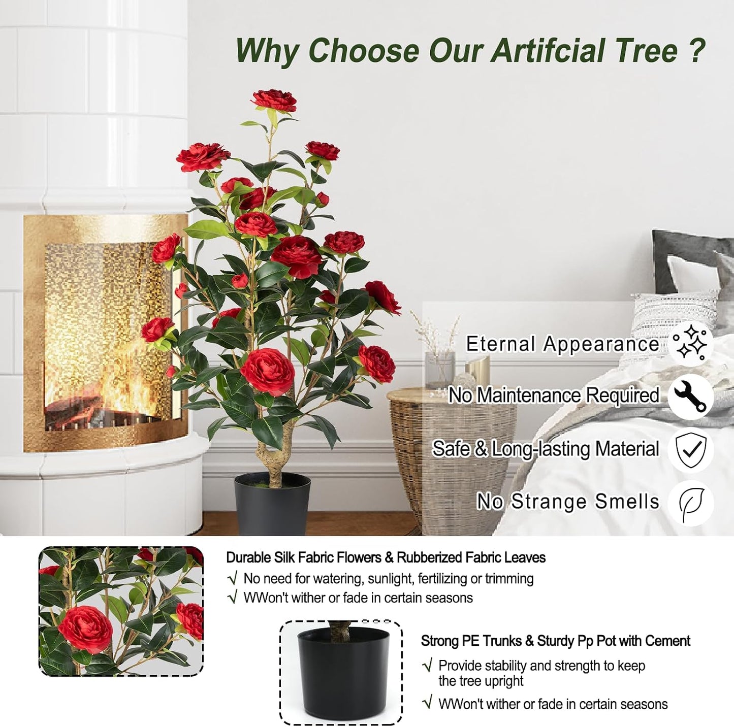 Artificial Camellia Tree 2 Pack - Realistic Camellia Plants in Pot with White Flowers, Lifelike Faux Greenery for Living Room, Patio, or Wedding, White