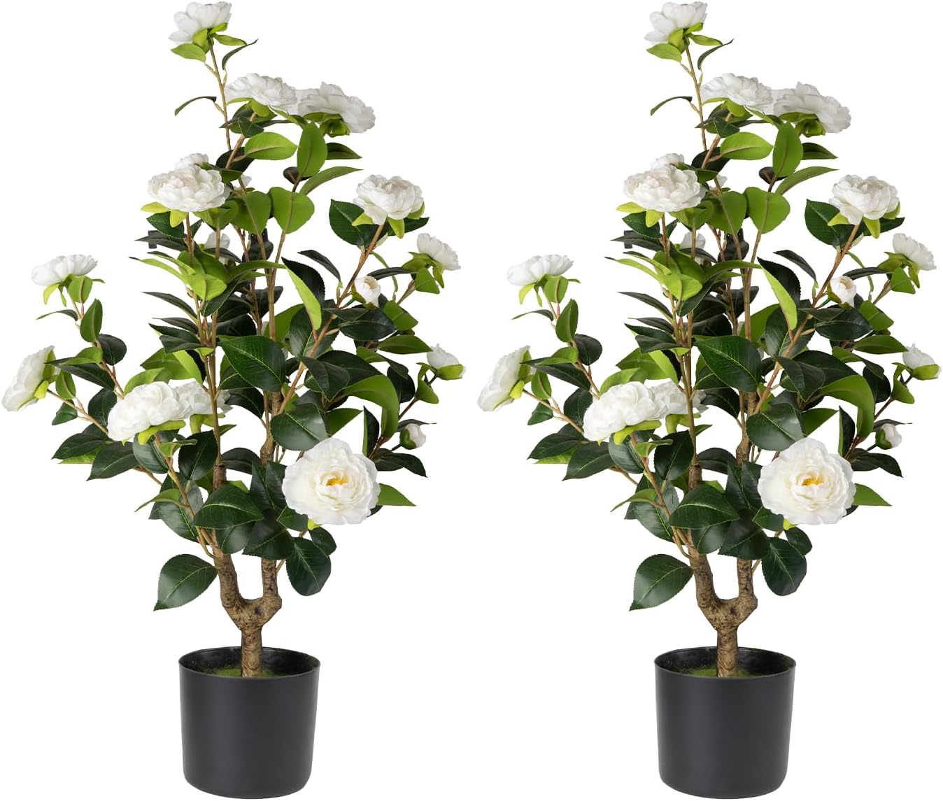 Artificial Camellia Tree 2 Pack - Realistic Camellia Plants in Pot with White Flowers, Lifelike Faux Greenery for Living Room, Patio, or Wedding, White