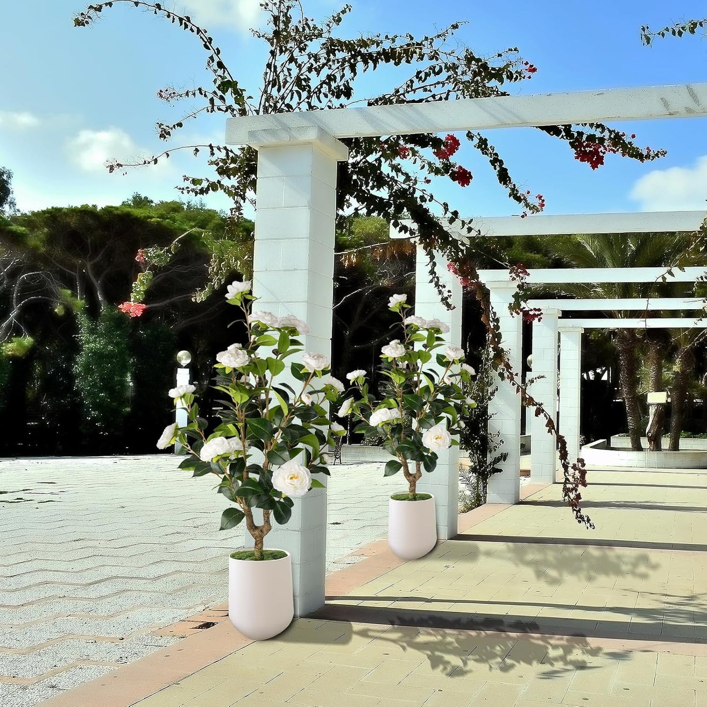 Artificial Camellia Tree 2 Pack - Realistic Camellia Plants in Pot with White Flowers, Lifelike Faux Greenery for Living Room, Patio, or Wedding, White