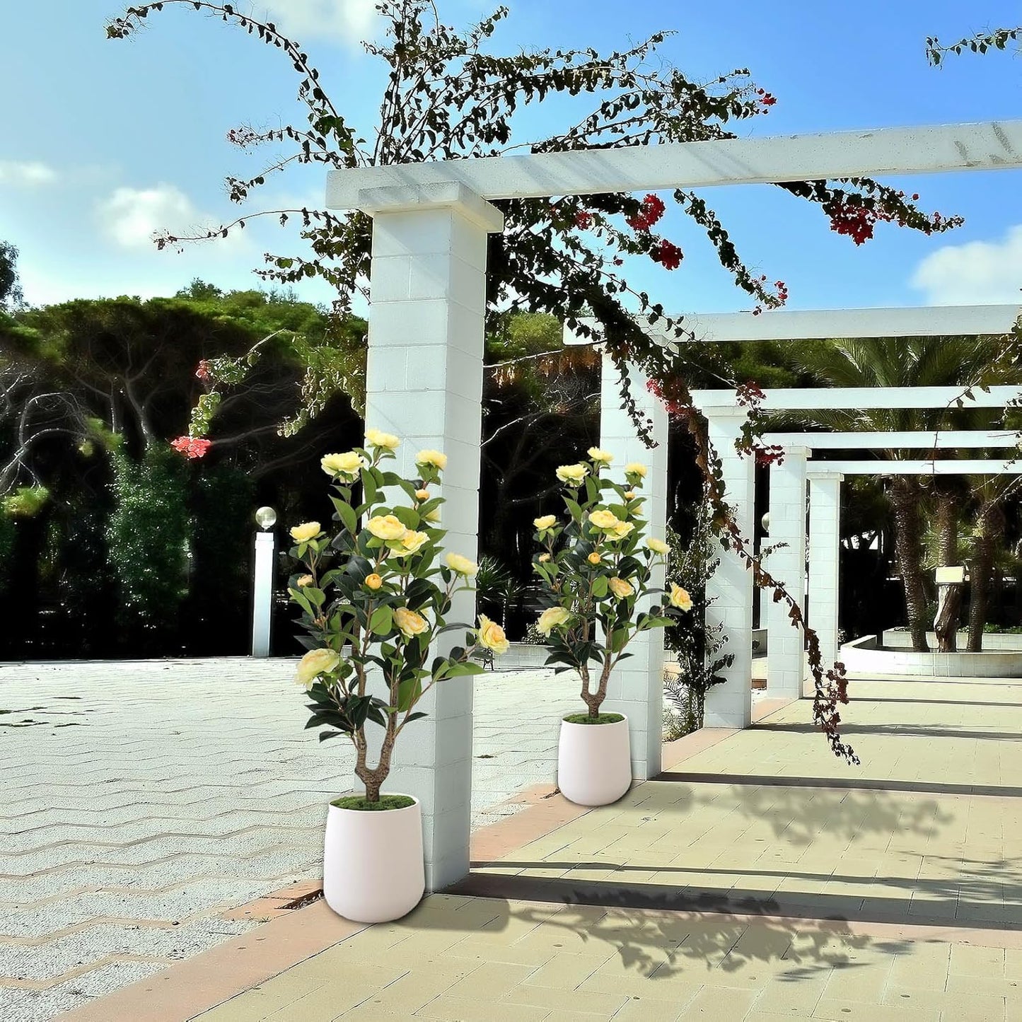 Artificial Camellia Tree 2 Pack - Realistic Camellia Plants in Pot with White Flowers, Lifelike Faux Greenery for Living Room, Patio, or Wedding, White