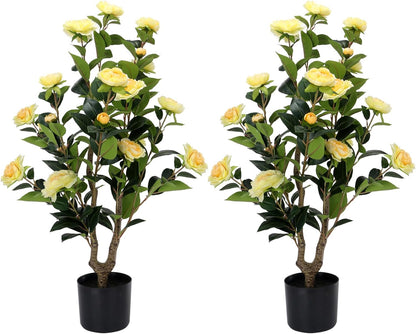 Artificial Camellia Tree 2 Pack - Realistic Camellia Plants in Pot with White Flowers, Lifelike Faux Greenery for Living Room, Patio, or Wedding, White