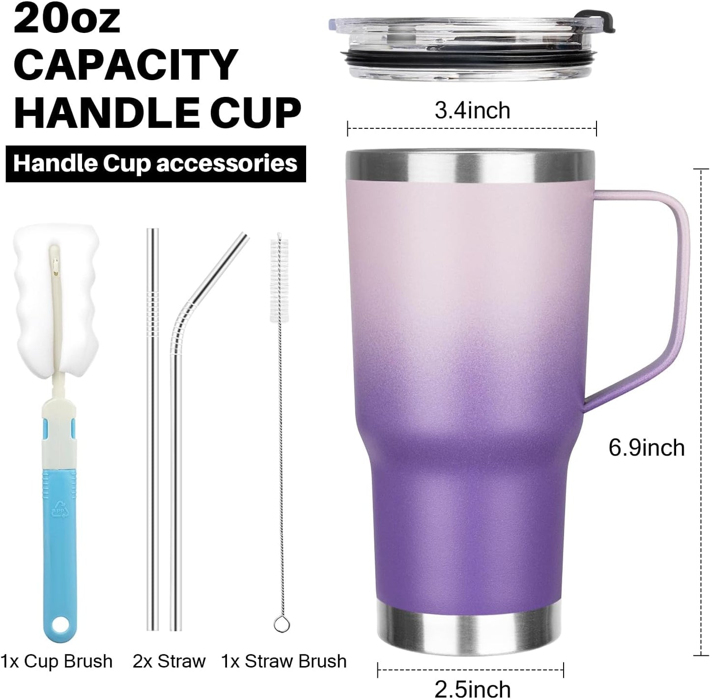 20 oz Tumbler with Handle, Stainless Steel Insulated Tumbler with Lid and Straw, Double Wall Vacuum Coffee Mug Tumbler, Insulated Coffee Thermal Cup for Cold and Hot (Yellow, 20 Ounces)