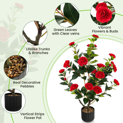 40 inches Artificial Camellia Tree with Fake Flowers for Indoor Outdoor Décor