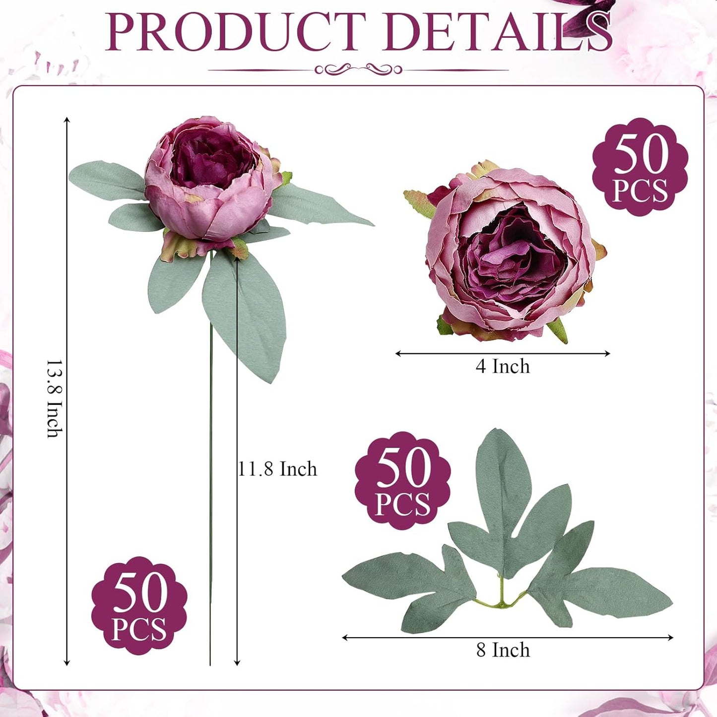50Pcs Artificial Peonies Flowers Bulk, 4’’ - White | Peonies Fake Flowers Heads for DIY, Faux Silk Peony Arrangements for Wedding, Engagement, Party, Coffee, Dining Decorations