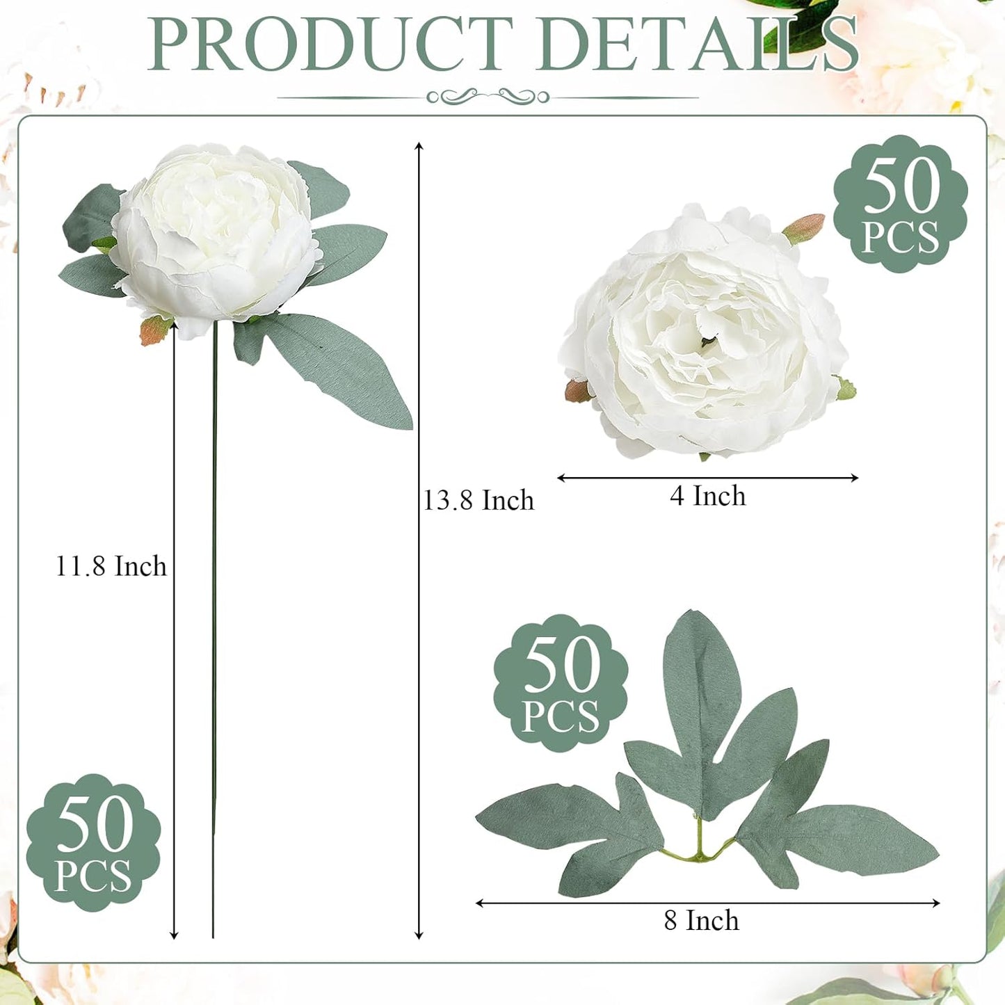 50Pcs Artificial Peonies Flowers Bulk, 4’’ - White | Peonies Fake Flowers Heads for DIY, Faux Silk Peony Arrangements for Wedding, Engagement, Party, Coffee, Dining Decorations