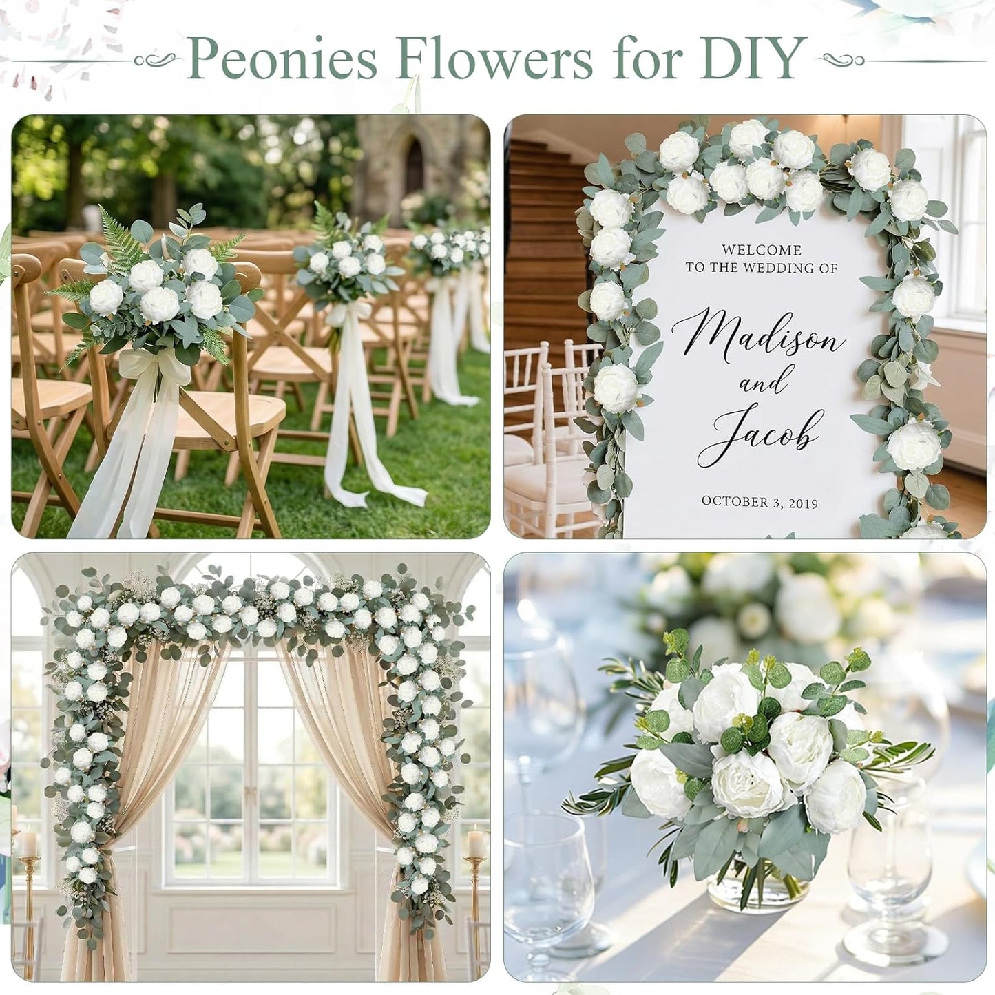 50Pcs Artificial Peonies Flowers Bulk, 4’’ - White | Peonies Fake Flowers Heads for DIY, Faux Silk Peony Arrangements for Wedding, Engagement, Party, Coffee, Dining Decorations