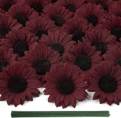 40pcs Fake Sunflower Heads with Stems, Yellow | 4inch Sunflower Artificial Silk Flower Heads in Bulk for Party Baby Shower Wedding Making Handicrafts Decor