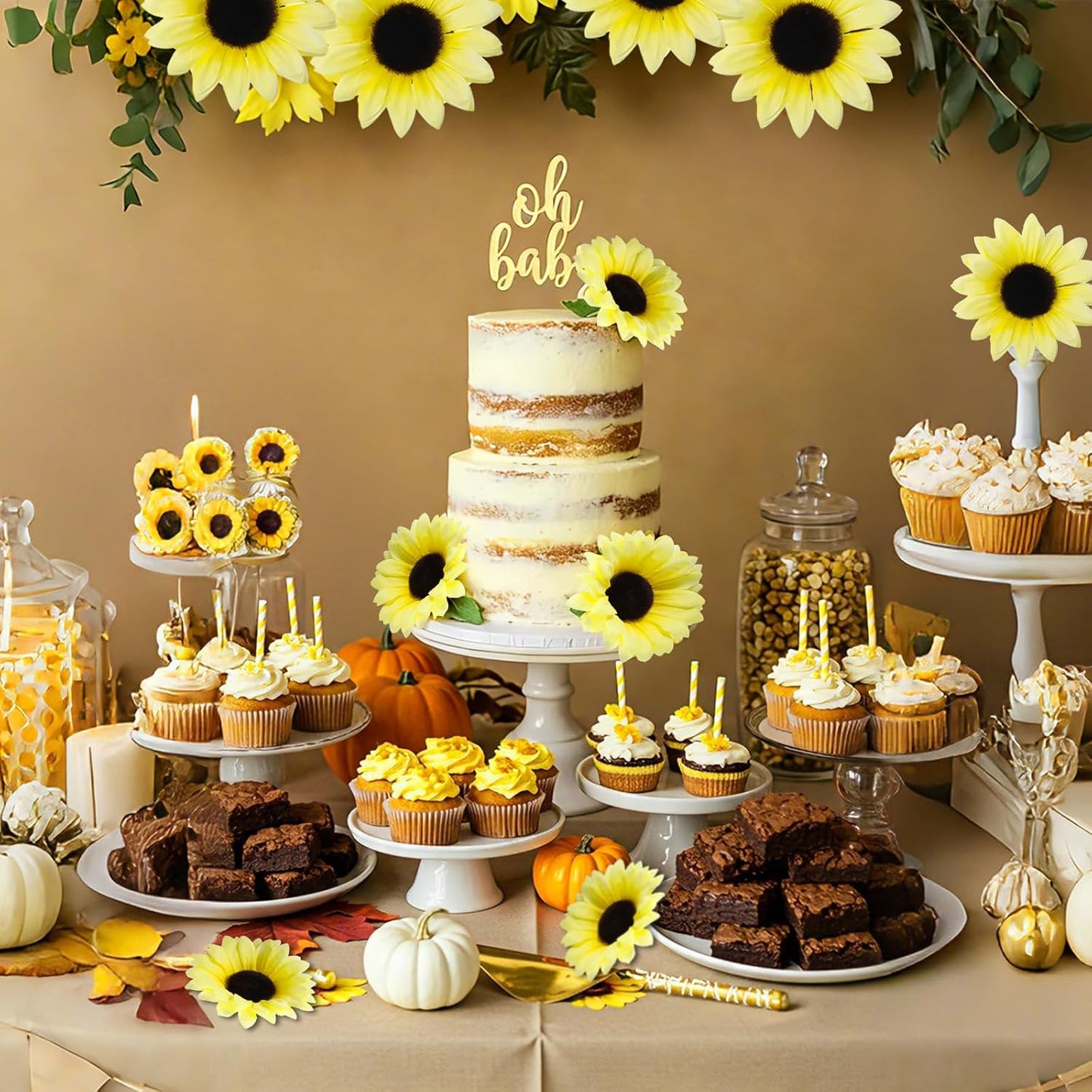40pcs Fake Sunflower Heads with Stems, Yellow | 4inch Sunflower Artificial Silk Flower Heads in Bulk for Party Baby Shower Wedding Making Handicrafts Decor