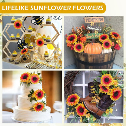 40pcs Fake Sunflower Heads with Stems, Yellow | 4inch Sunflower Artificial Silk Flower Heads in Bulk for Party Baby Shower Wedding Making Handicrafts Decor