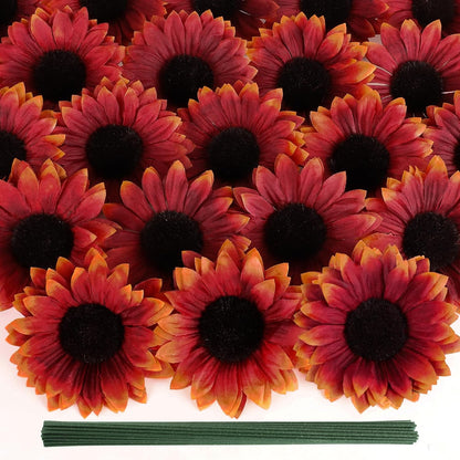 40pcs Fake Sunflower Heads with Stems, Yellow | 4inch Sunflower Artificial Silk Flower Heads in Bulk for Party Baby Shower Wedding Making Handicrafts Decor
