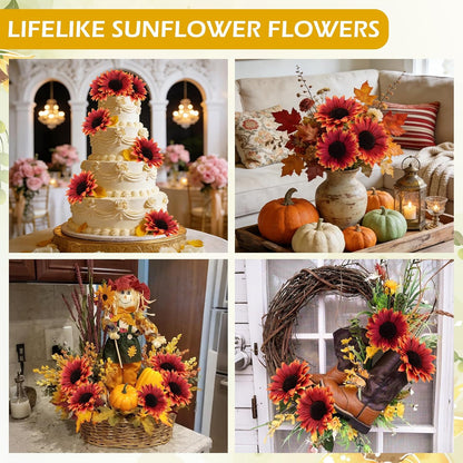 40pcs Fake Sunflower Heads with Stems, Yellow | 4inch Sunflower Artificial Silk Flower Heads in Bulk for Party Baby Shower Wedding Making Handicrafts Decor