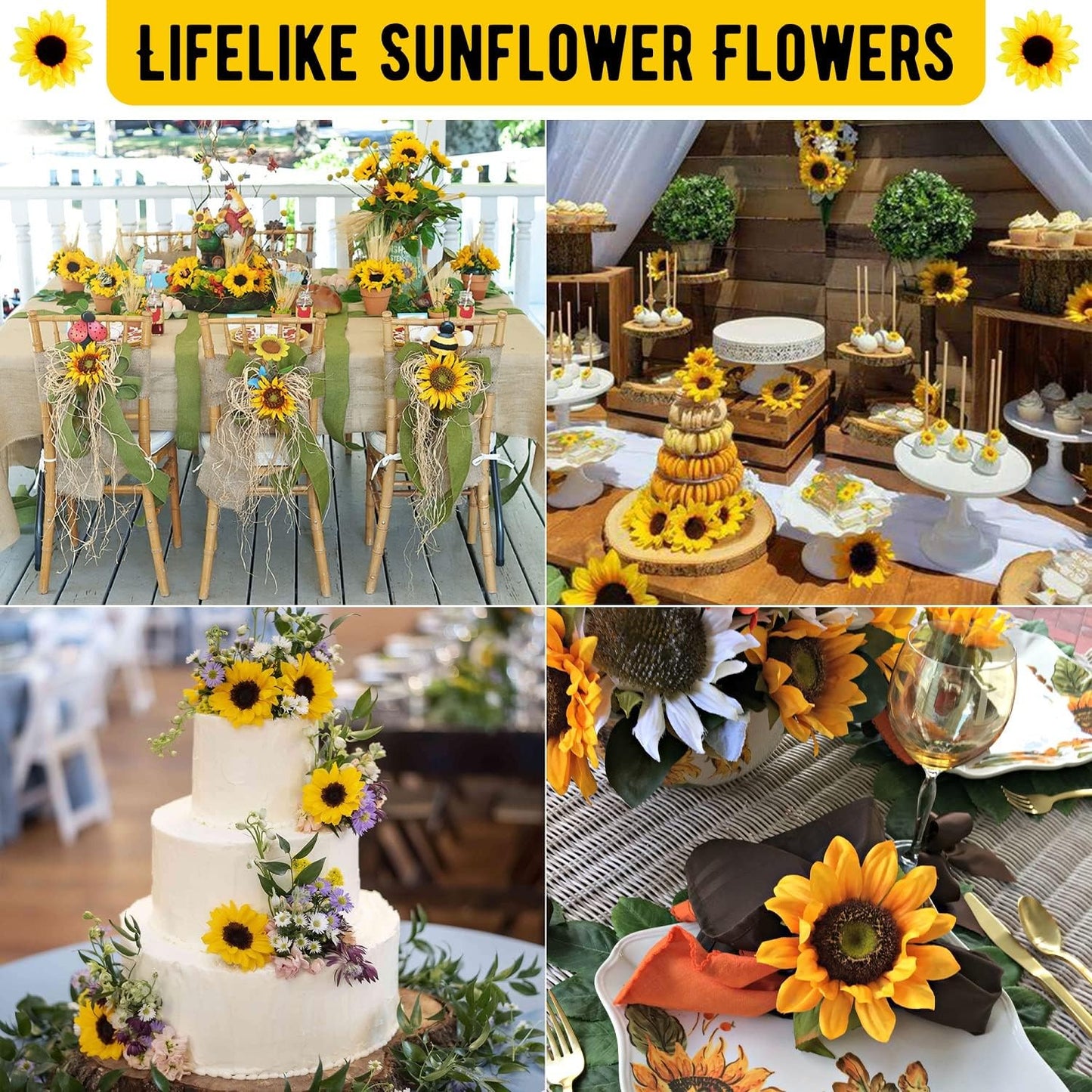 40pcs Fake Sunflower Heads with Stems, Yellow | 4inch Sunflower Artificial Silk Flower Heads in Bulk for Party Baby Shower Wedding Making Handicrafts Decor