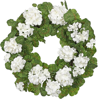 19.6-Inch Geraniums Wreath with Lush Greenery Faux Wreath, Spring Summer White Geraniums Artificial Wreath for Front Door Wall Mantel Decor, Indoor Outdoor Spring Wreath