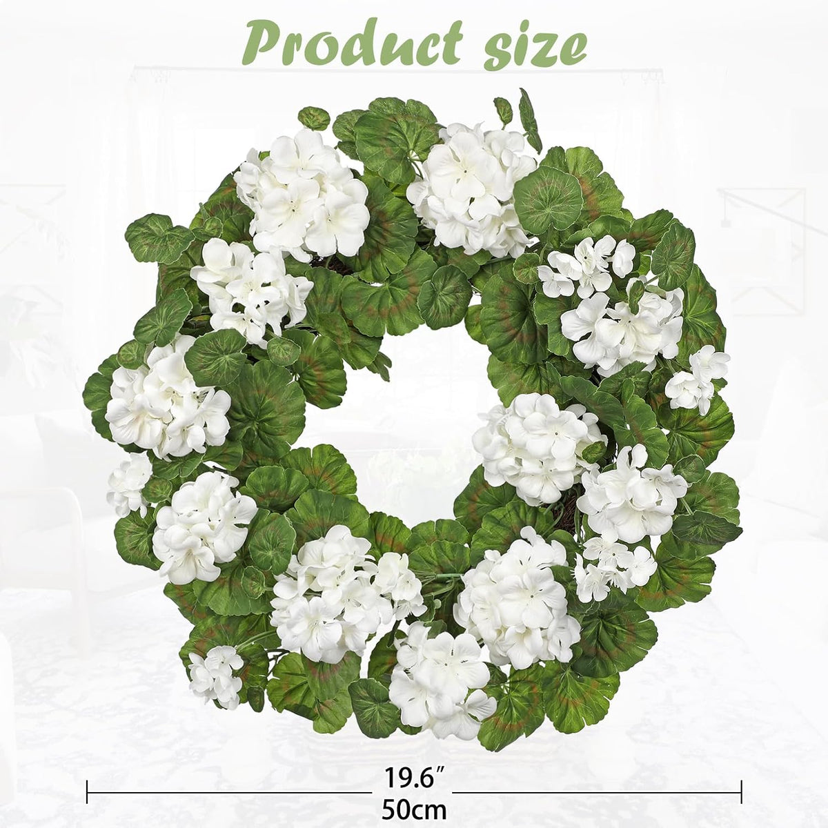 19.6-Inch Geraniums Wreath with Lush Greenery Faux Wreath, Spring Summer White Geraniums Artificial Wreath for Front Door Wall Mantel Decor, Indoor Outdoor Spring Wreath