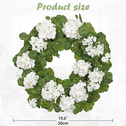 19.6-Inch Geraniums Wreath with Lush Greenery Faux Wreath, Spring Summer White Geraniums Artificial Wreath for Front Door Wall Mantel Decor, Indoor Outdoor Spring Wreath