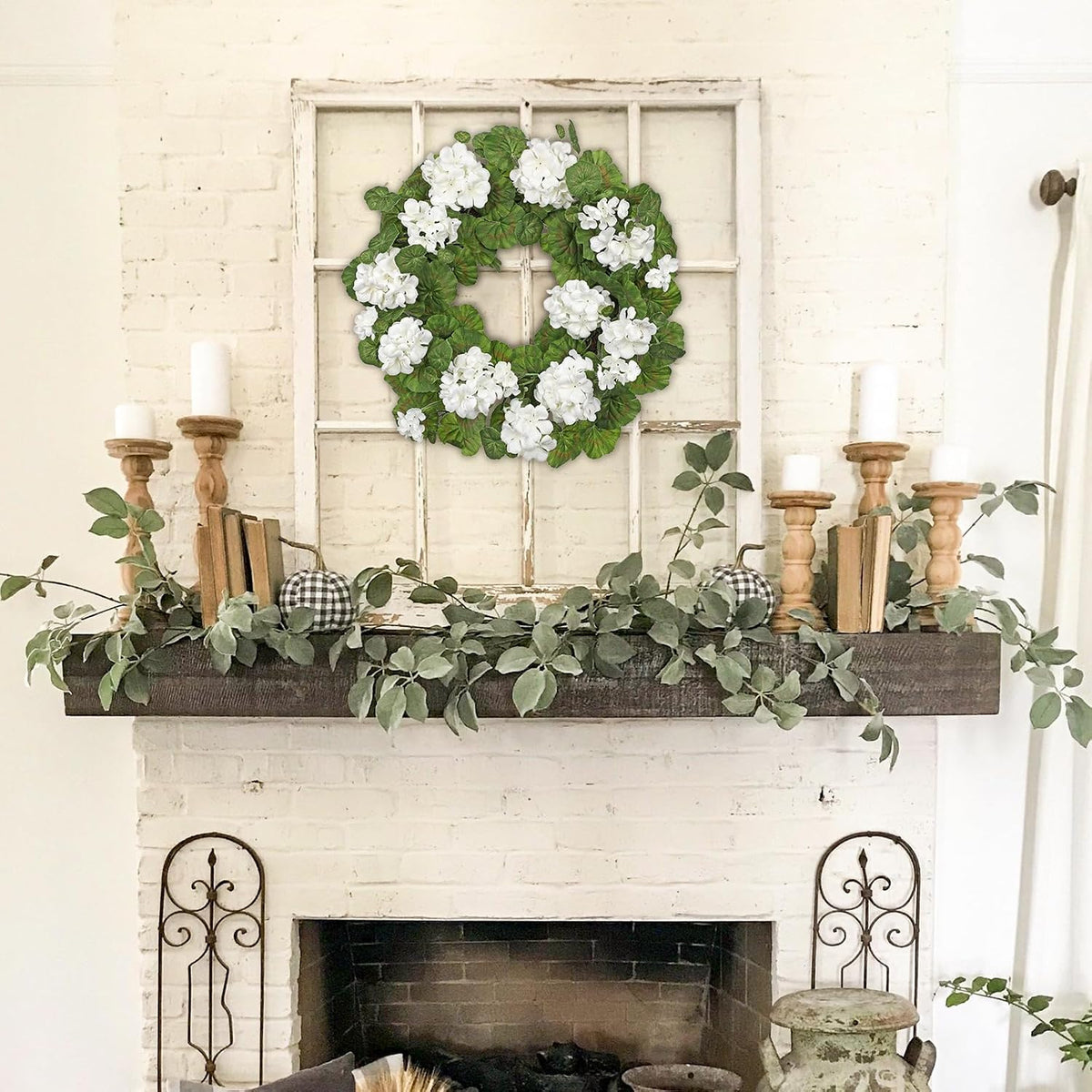 19.6-Inch Geraniums Wreath with Lush Greenery Faux Wreath, Spring Summer White Geraniums Artificial Wreath for Front Door Wall Mantel Decor, Indoor Outdoor Spring Wreath