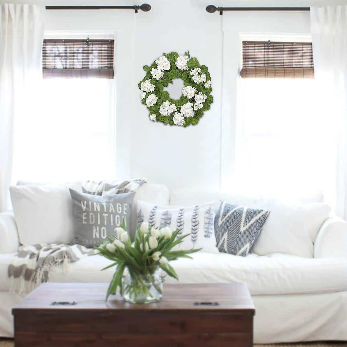 19.6-Inch Geraniums Wreath with Lush Greenery Faux Wreath, Spring Summer White Geraniums Artificial Wreath for Front Door Wall Mantel Decor, Indoor Outdoor Spring Wreath