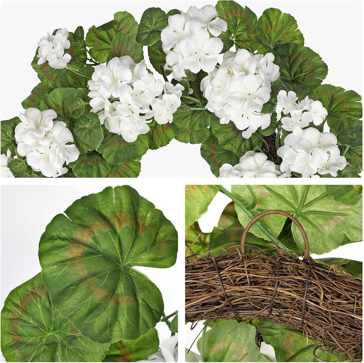 19.6-Inch Geraniums Wreath with Lush Greenery Faux Wreath, Spring Summer White Geraniums Artificial Wreath for Front Door Wall Mantel Decor, Indoor Outdoor Spring Wreath