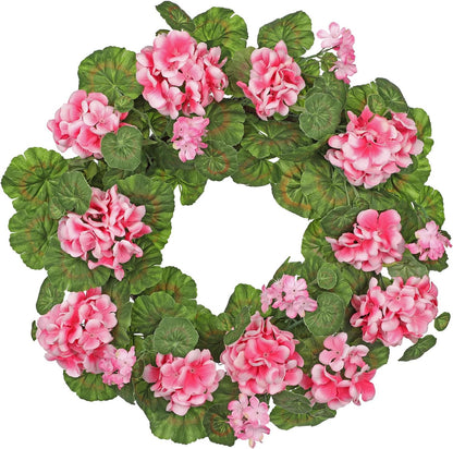 19.6-Inch Geraniums Wreath with Lush Greenery Faux Wreath, Spring Summer White Geraniums Artificial Wreath for Front Door Wall Mantel Decor, Indoor Outdoor Spring Wreath