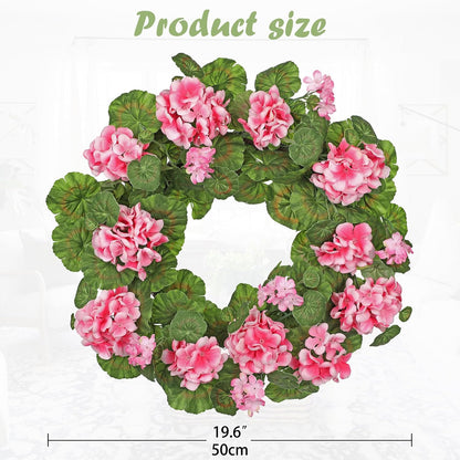 19.6-Inch Geraniums Wreath with Lush Greenery Faux Wreath, Spring Summer White Geraniums Artificial Wreath for Front Door Wall Mantel Decor, Indoor Outdoor Spring Wreath