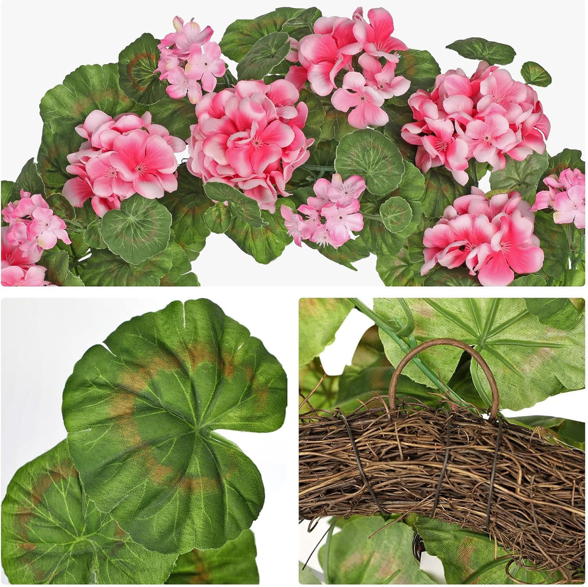 19.6-Inch Geraniums Wreath with Lush Greenery Faux Wreath, Spring Summer White Geraniums Artificial Wreath for Front Door Wall Mantel Decor, Indoor Outdoor Spring Wreath