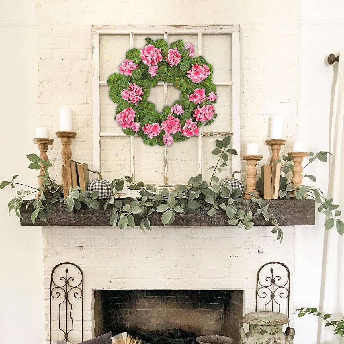 19.6-Inch Geraniums Wreath with Lush Greenery Faux Wreath, Spring Summer White Geraniums Artificial Wreath for Front Door Wall Mantel Decor, Indoor Outdoor Spring Wreath