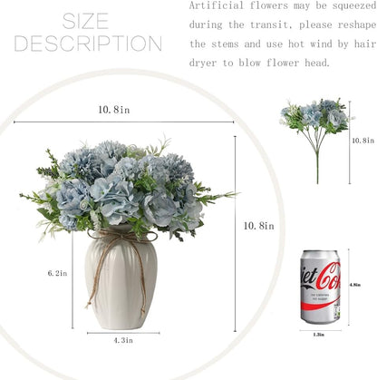 Peonies Artificial Flowers in Vase, Fake Hydrangea Silk Peony Flower Bouquet with Vase Faux Flowers Arrangement Decor Home Table Dining Room (Blue)