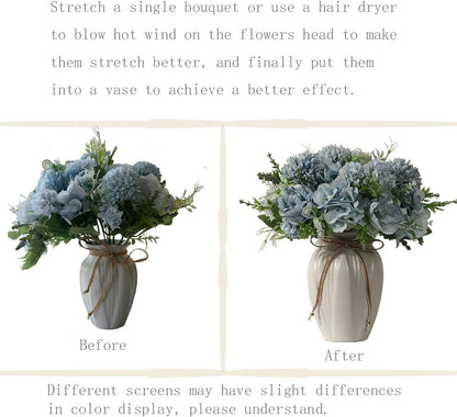 Peonies Artificial Flowers in Vase, Fake Hydrangea Silk Peony Flower Bouquet with Vase Faux Flowers Arrangement Decor Home Table Dining Room (Blue)