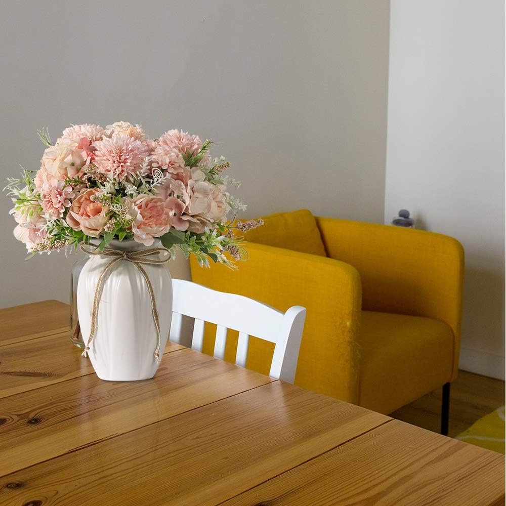 Peonies Artificial Flowers in Vase, Fake Hydrangea Silk Peony Flower Bouquet with Vase Faux Flowers Arrangement Decor Home Table Dining Room (Blue)