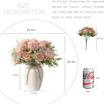 Peonies Artificial Flowers in Vase, Fake Hydrangea Silk Peony Flower Bouquet with Vase Faux Flowers Arrangement Decor Home Table Dining Room (Blue)