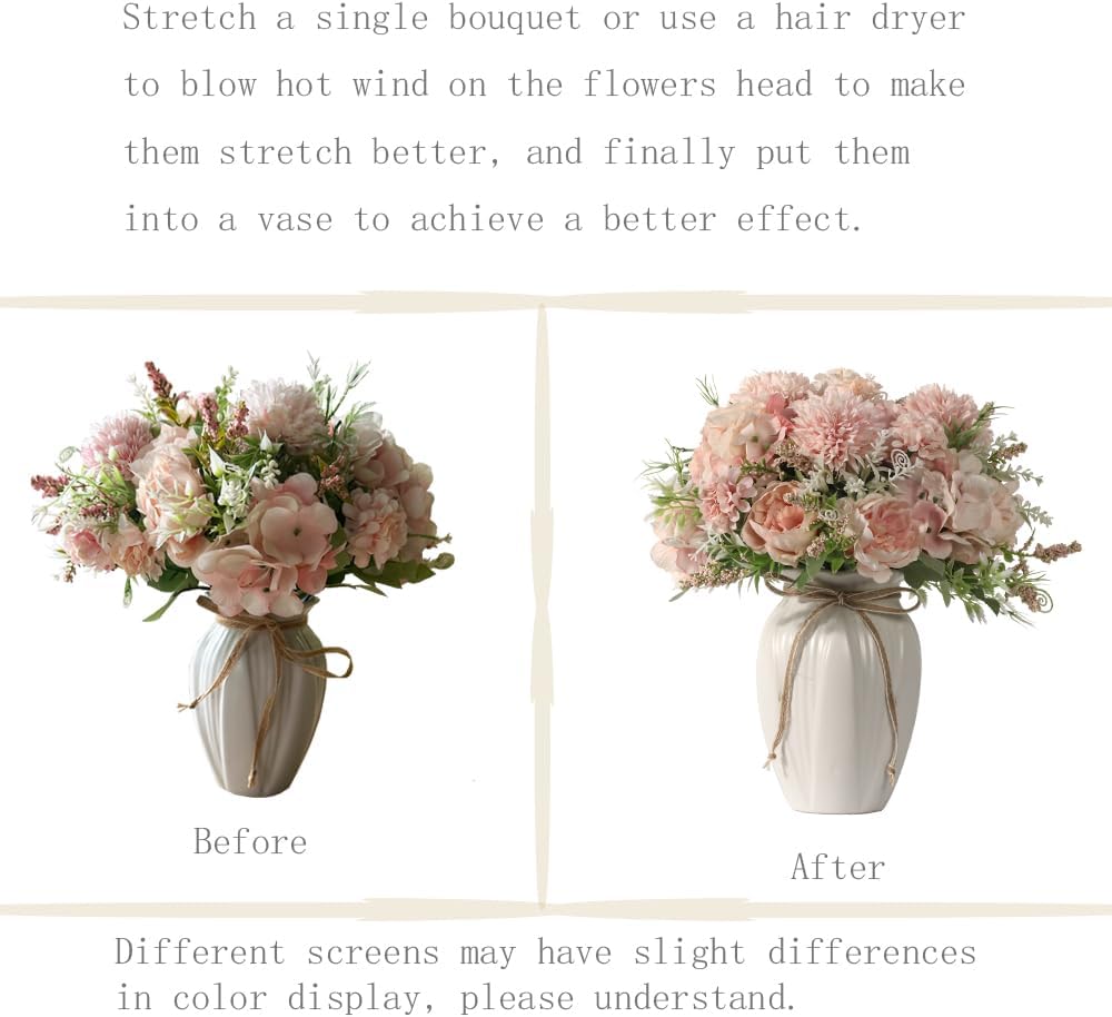 Peonies Artificial Flowers in Vase, Fake Hydrangea Silk Peony Flower Bouquet with Vase Faux Flowers Arrangement Decor Home Table Dining Room (Blue)