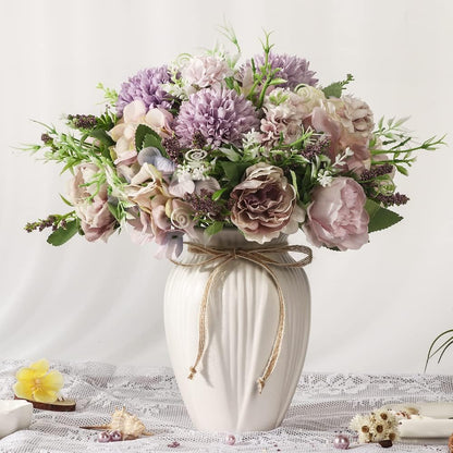 Peonies Artificial Flowers in Vase, Fake Hydrangea Silk Peony Flower Bouquet with Vase Faux Flowers Arrangement Decor Home Table Dining Room (Blue)
