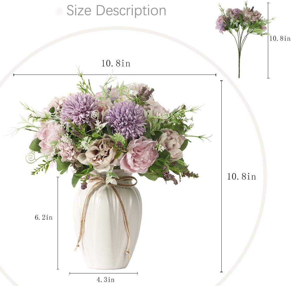 Peonies Artificial Flowers in Vase, Fake Hydrangea Silk Peony Flower Bouquet with Vase Faux Flowers Arrangement Decor Home Table Dining Room (Blue)