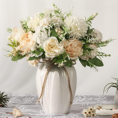 Peonies Artificial Flowers in Vase, Fake Hydrangea Silk Peony Flower Bouquet with Vase Faux Flowers Arrangement Decor Home Table Dining Room (Blue)