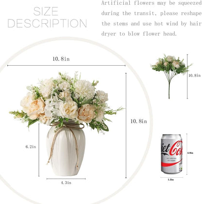 Peonies Artificial Flowers in Vase, Fake Hydrangea Silk Peony Flower Bouquet with Vase Faux Flowers Arrangement Decor Home Table Dining Room (Blue)