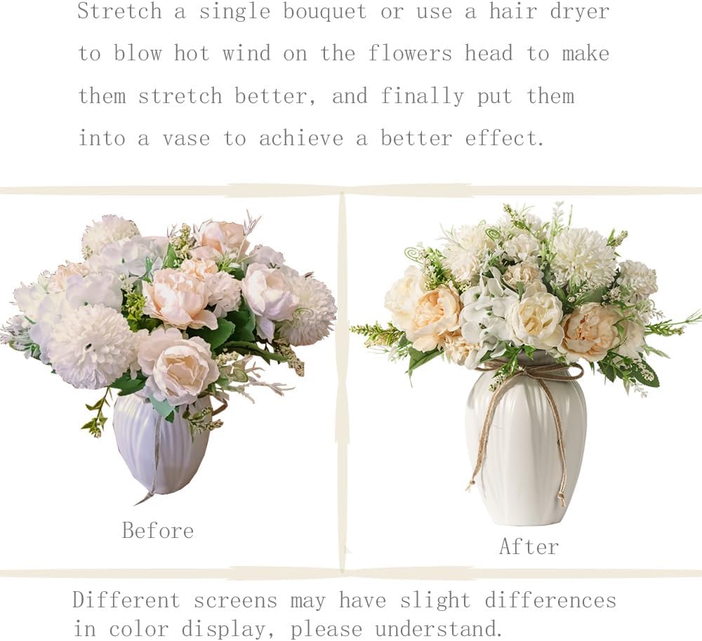 Peonies Artificial Flowers in Vase, Fake Hydrangea Silk Peony Flower Bouquet with Vase Faux Flowers Arrangement Decor Home Table Dining Room (Blue)