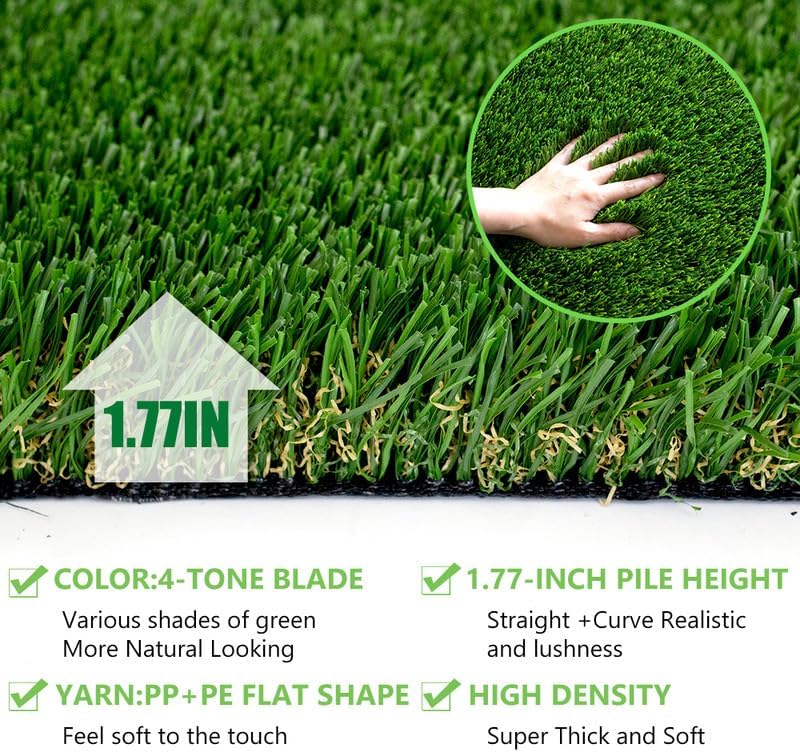 Ultrathick Artificial Grass Turf,1.77 Inch High Dense W Shape Grass Silk -Durable PU Backing-Luxurious Indoor Outdoor Dog Garden Landscape Patio Synthetic Fake Faux Grass Mat-Sent by Rolled