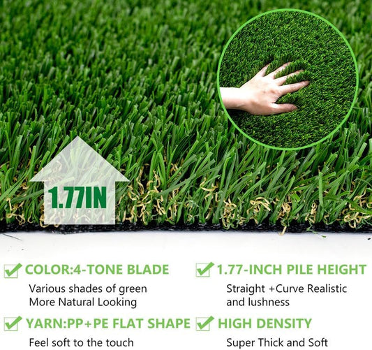 Ultrathick Artificial Grass Turf,1.77 Inch High Dense W Shape Grass Silk -Durable PU Backing-Luxurious Indoor Outdoor Dog Garden Landscape Patio Synthetic Fake Faux Grass Mat-Sent by Rolled