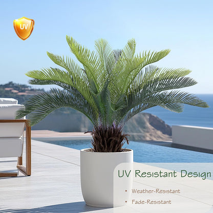 2ft Artificial Cycad Tree UV Resistant with Lifelike Bark & Realistic Leaves, 24in Super Full Faux Sago Palm Tree, for Porch Patio Front Door Home Office Decor