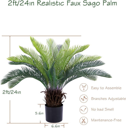 2ft Artificial Cycad Tree UV Resistant with Lifelike Bark & Realistic Leaves, 24in Super Full Faux Sago Palm Tree, for Porch Patio Front Door Home Office Decor