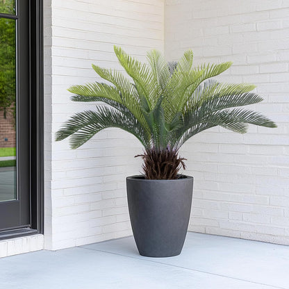 2ft Artificial Cycad Tree UV Resistant with Lifelike Bark & Realistic Leaves, 24in Super Full Faux Sago Palm Tree, for Porch Patio Front Door Home Office Decor