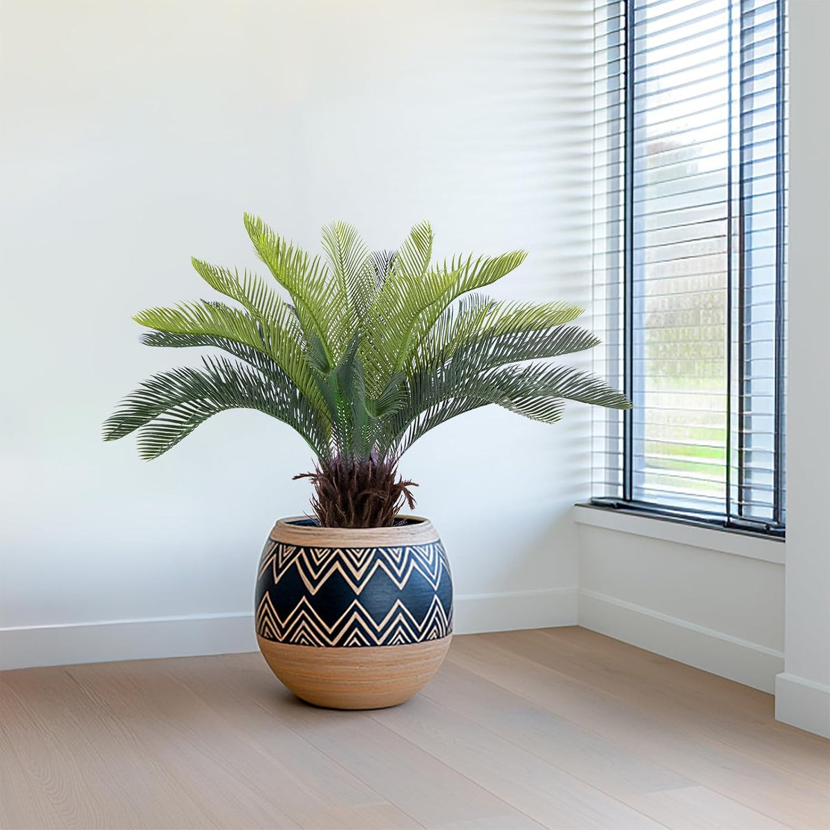 2ft Artificial Cycad Tree UV Resistant with Lifelike Bark & Realistic Leaves, 24in Super Full Faux Sago Palm Tree, for Porch Patio Front Door Home Office Decor