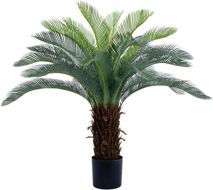 2ft Artificial Cycad Tree UV Resistant with Lifelike Bark & Realistic Leaves, 24in Super Full Faux Sago Palm Tree, for Porch Patio Front Door Home Office Decor