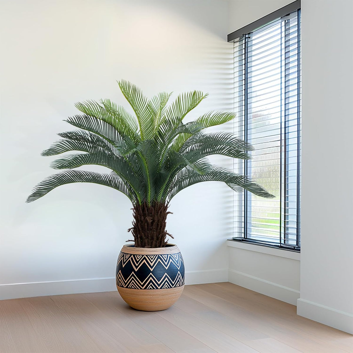 2ft Artificial Cycad Tree UV Resistant with Lifelike Bark & Realistic Leaves, 24in Super Full Faux Sago Palm Tree, for Porch Patio Front Door Home Office Decor