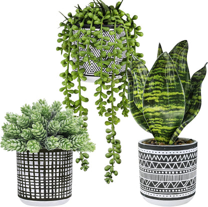3 Pcs Small Potted Plants Artificial Succulents Hanging Plants and Faux Tropical Snake Plant in Black Geometric Pots for Modern Home Kitchen Windowsill Table Shelf Indoor Outdoor Greenery Decor